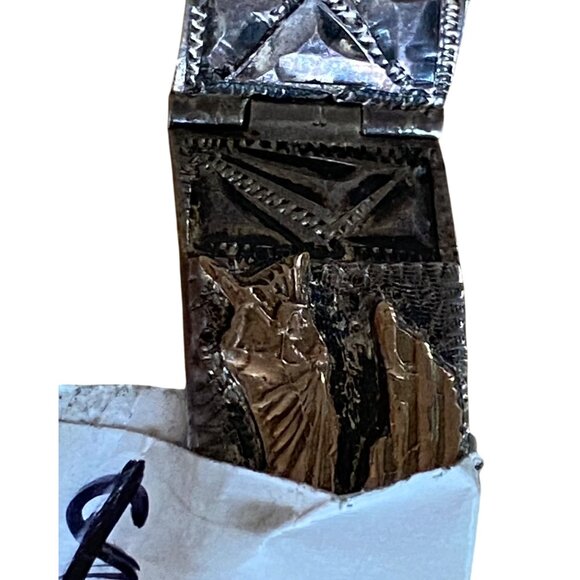 Vintage Mexican Sterling Silver & Gold Accented Panel Bracelet - Picture 10 of 16